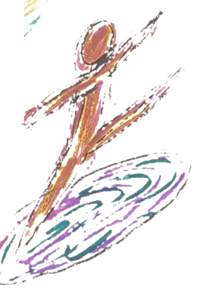 A crayon drawing of a dancer mid-leap over a purple and teal swirl